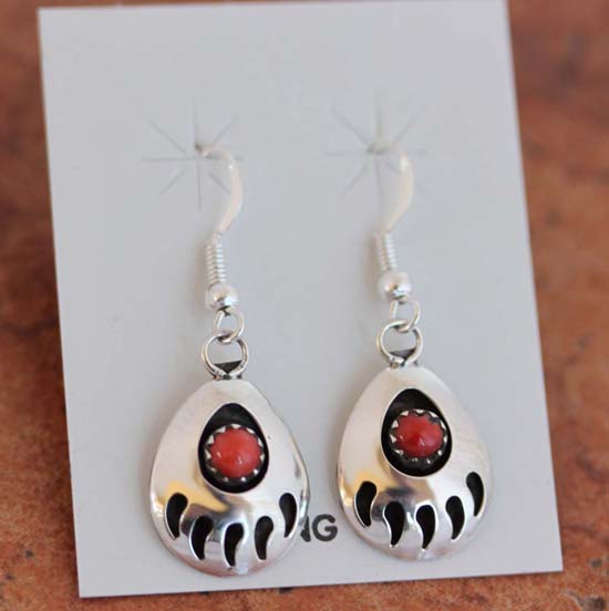 Navajo Coral Bear Paw Earrings