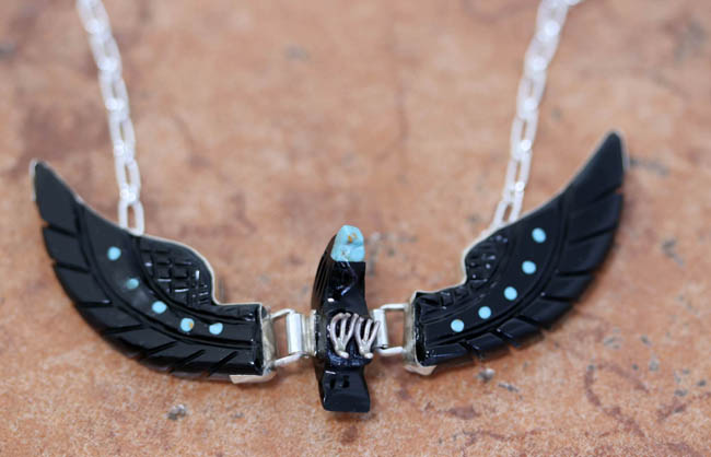 Navajo Silver Eagle Turquoise Onyx Necklace