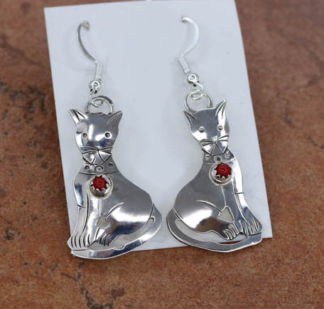 Navajo Silver Coral Cat Earrings