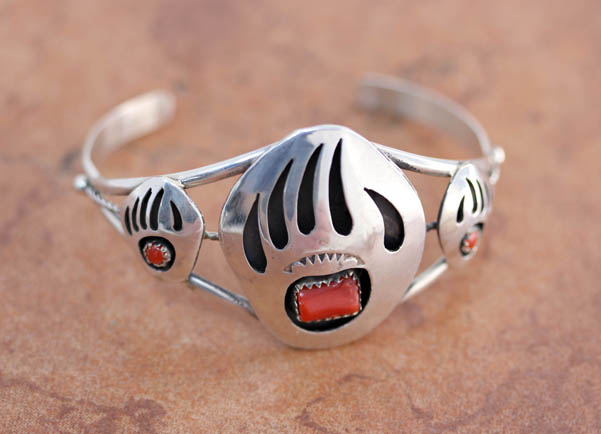 Navajo Sterling Silver Coral Bear Paw Bracelet