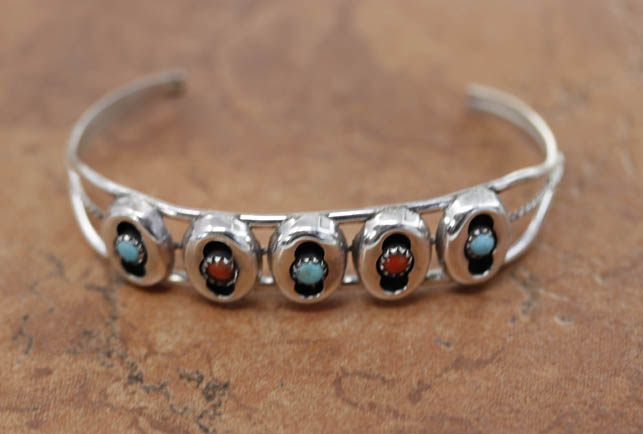 Navajo Silver Turquoise Coral Bracelet