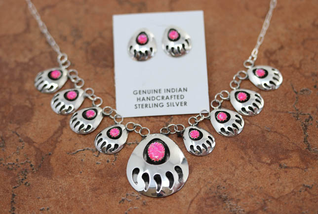 Navajo Created Opal Bear Paw Necklace Earrings Set