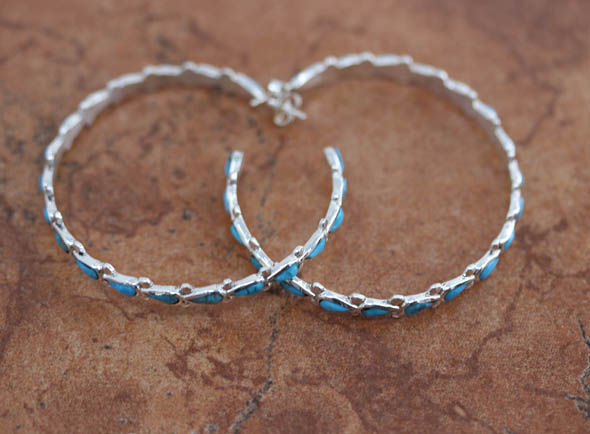 Zuni Silver Turquoise Hoop Earrings