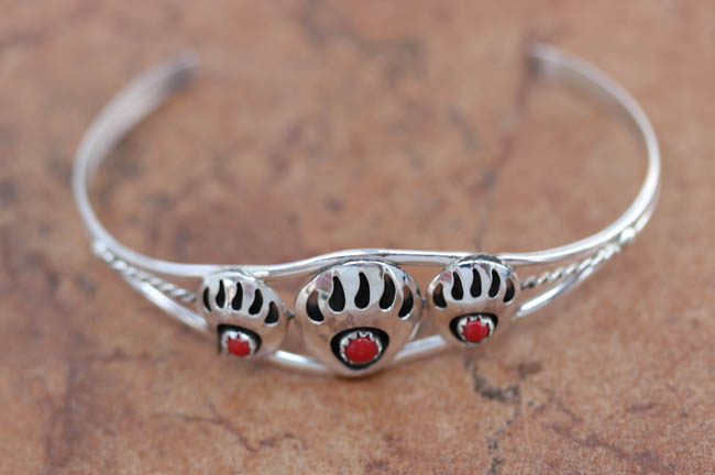 Navajo Sterling Silver Coral Bear Paw Bracelet