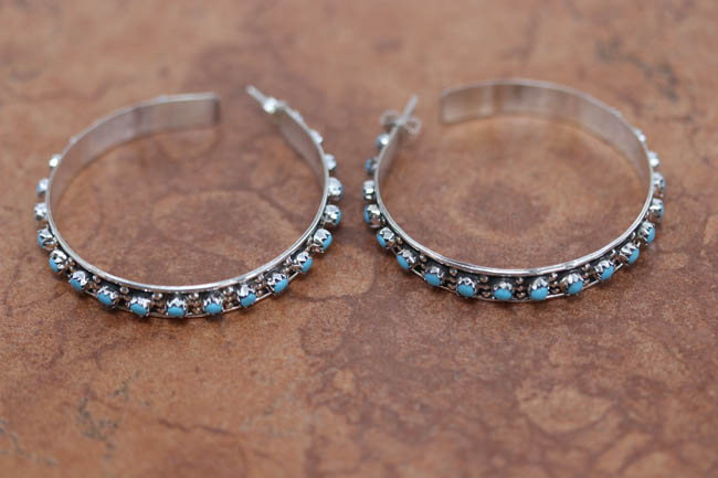 Zuni Silver Turquoise Hoop Earrings