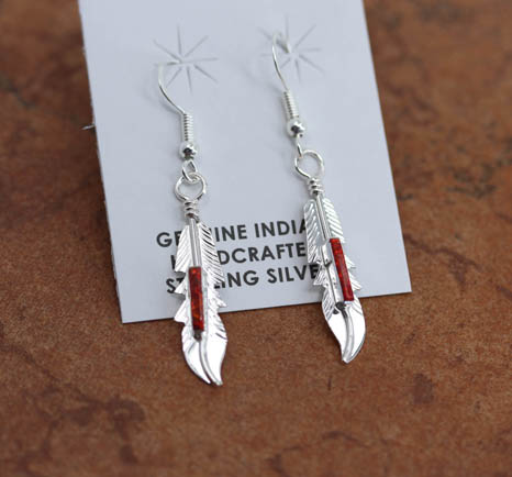 Navajo Silver Created Opal Feather Earrings