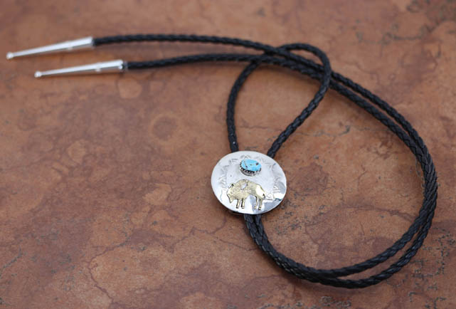 Navajo Silver Turquoise Buffalo Bolo Tie