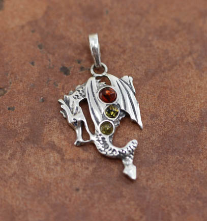 Sterling Silver Baltic Amber Dragon Pendant