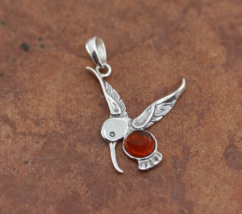 Sterling Silver Baltic Amber Humminbird Pendant