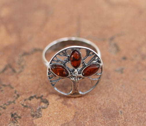 Sterling Silver Baltic Amber Tree Ring Size 7