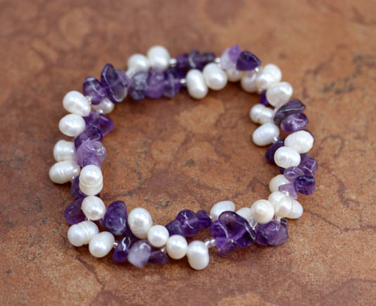 Beaded Amethyst Pearl Stretch Nugget Bracelet