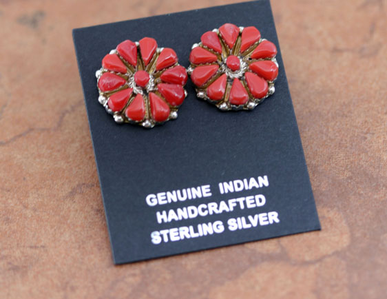 Navajo Sterling Coral Cluster Earrings