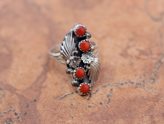 Navajo Silver Coral Ring Size 6