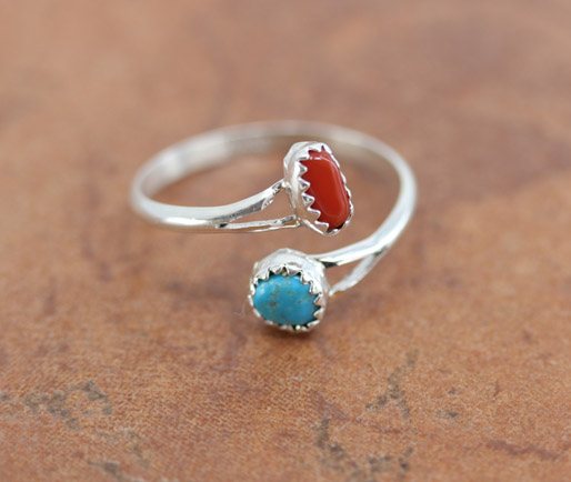 Navajo Silver Turquoise Coral Ring Size 8_10