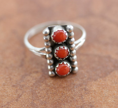 Navajo Silver Coral Ring Size 5 1/2