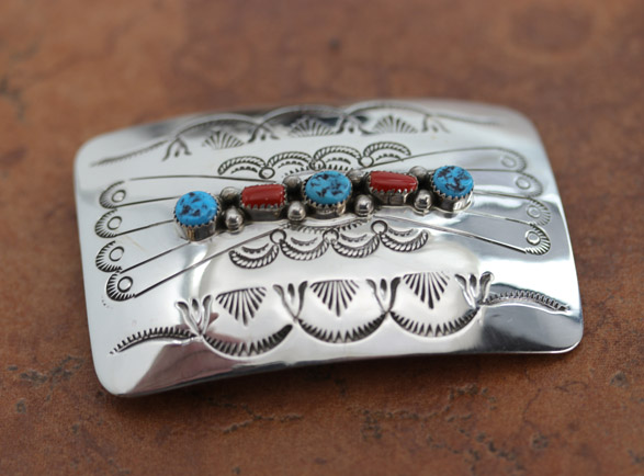 Navajo Silver Turquoise Coral Belt Buckle