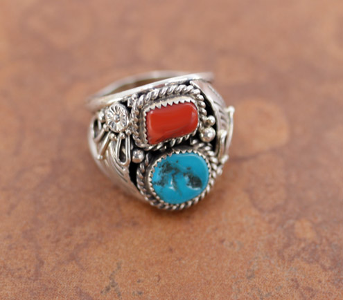 Navajo Silver Turquoise Coral Ring Size 10