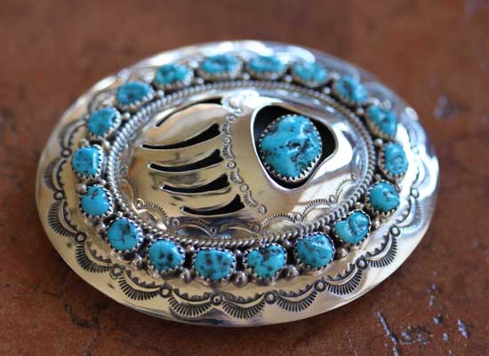 Navajo Silver Turquoise Bear Paw Belt Buckle